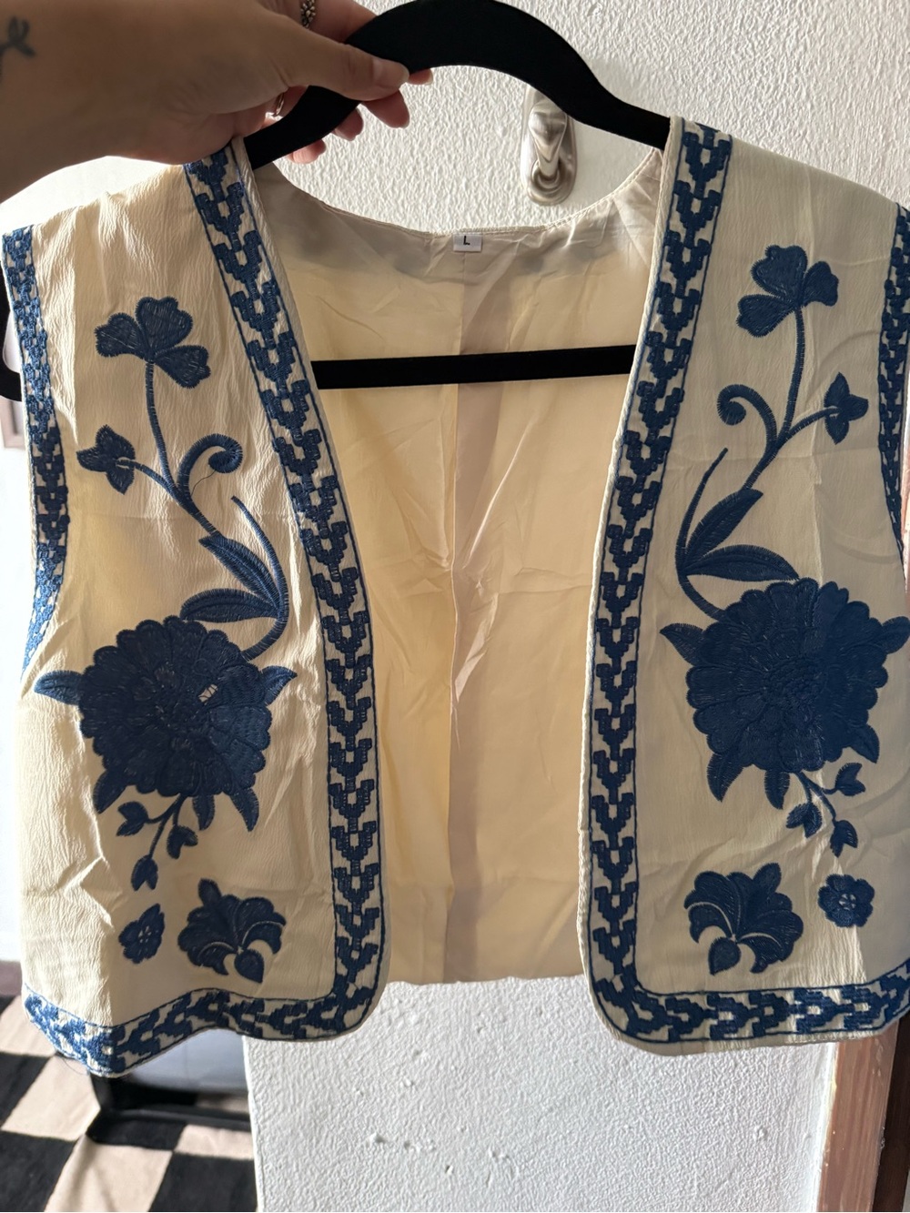 Embroidered Cream Sleeveless Vest with Blue Floral Detail